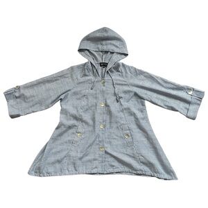Jones New York Blue White Striped Linen Blend Hooded Button-Up Coat Size XL
